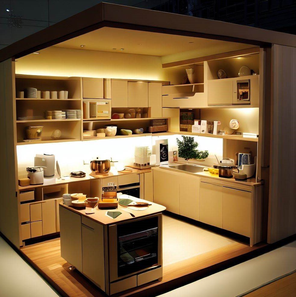 Small kitchen with a multi-functional island for storage.