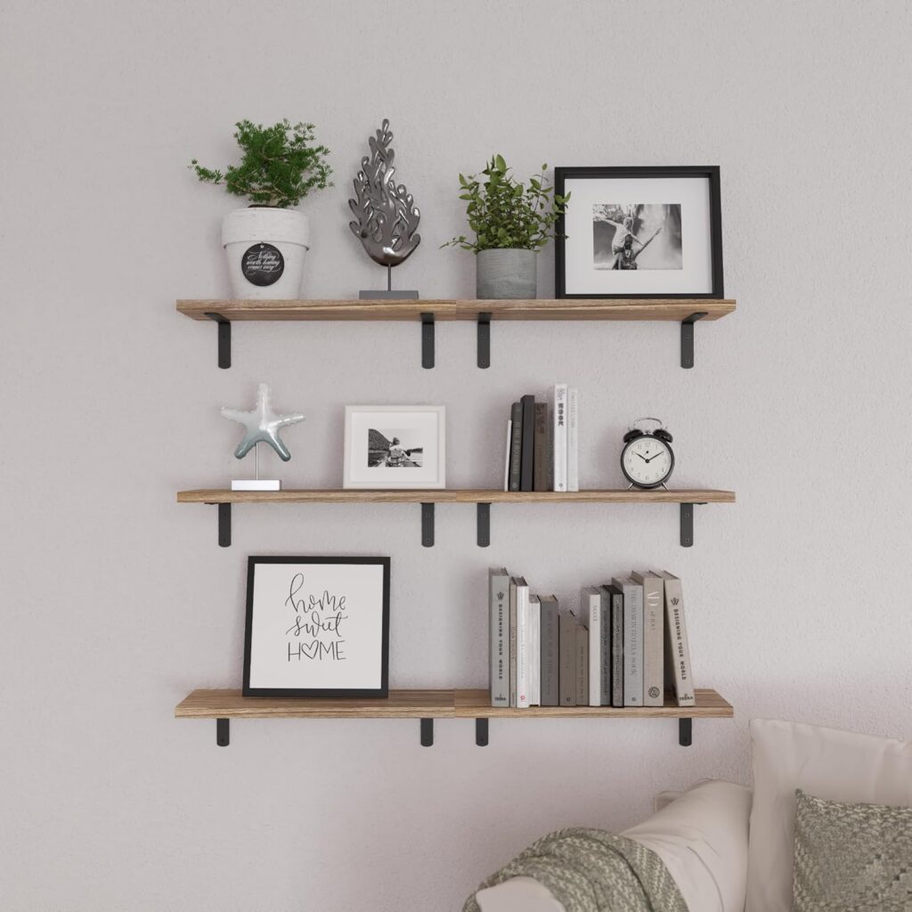 Floating shelves used in a small kitchen for extra storage space