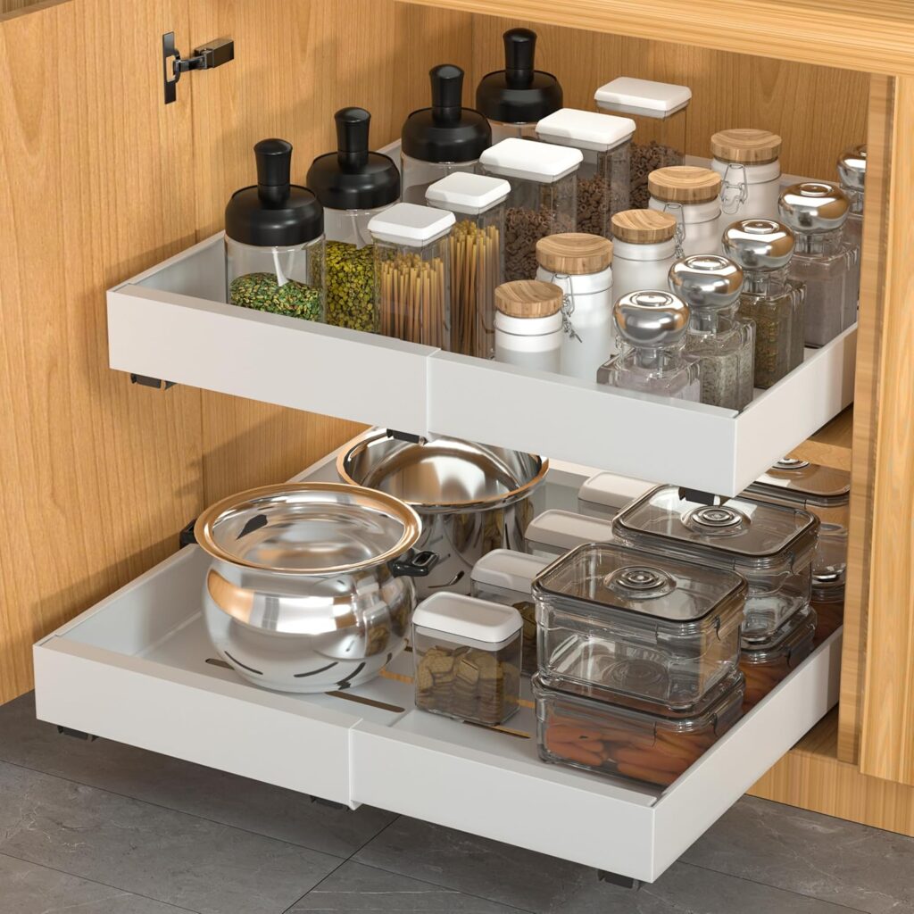 Pull-out cabinet drawers for organized kitchen storage