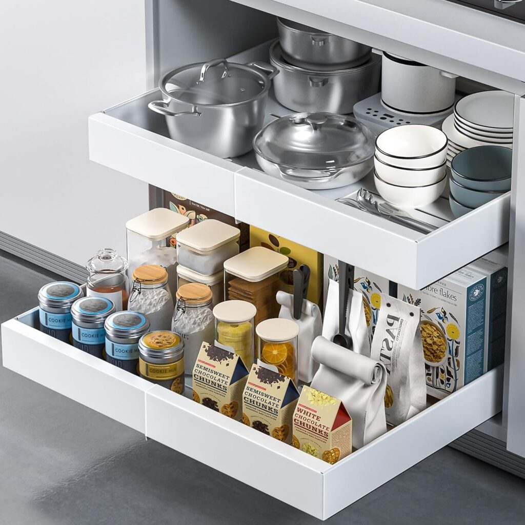 Pull-out storage drawers under kitchen cabinets for easy access